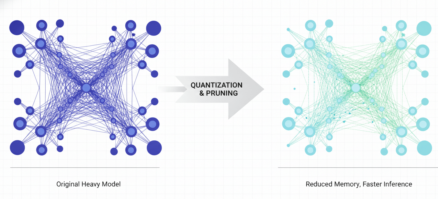 An illustration demonstrating model quantization and pruning techniques. A complex, dense neural network is depicted transforming into a more compact and efficient version, with fewer connections and reduced precision weights. This visual metaphor highlights how these methods shrink model size and speed up inference, leading to lower operational costs.