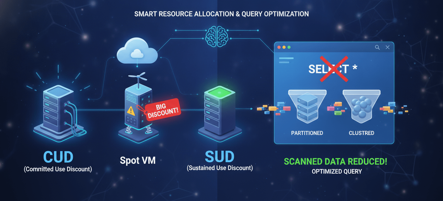 An illustration demonstrating optimized GCP compute and BigQuery spend, featuring different VM pricing models like CUDs, Spot VMs, and SUDs, alongside BigQuery best practices such as partitioning, clustering, and avoiding 'SELECT *' for efficient data scanning, crucial for GCP cost control for startups.