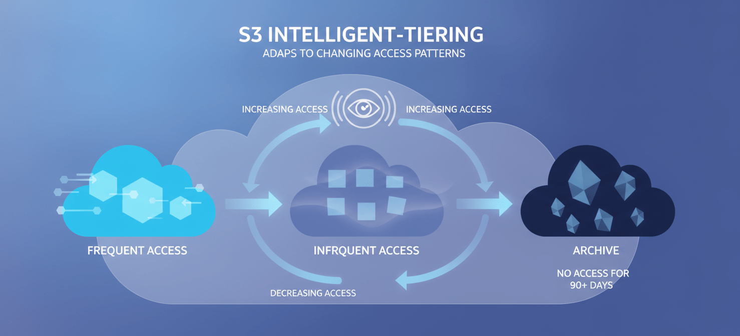 An illustration demonstrating S3 Intelligent-Tiering, where data automatically transitions between frequent and infrequent access tiers based on usage patterns, optimizing storage costs without manual intervention. The image highlights the dynamic and adaptive nature of this S3 storage class.