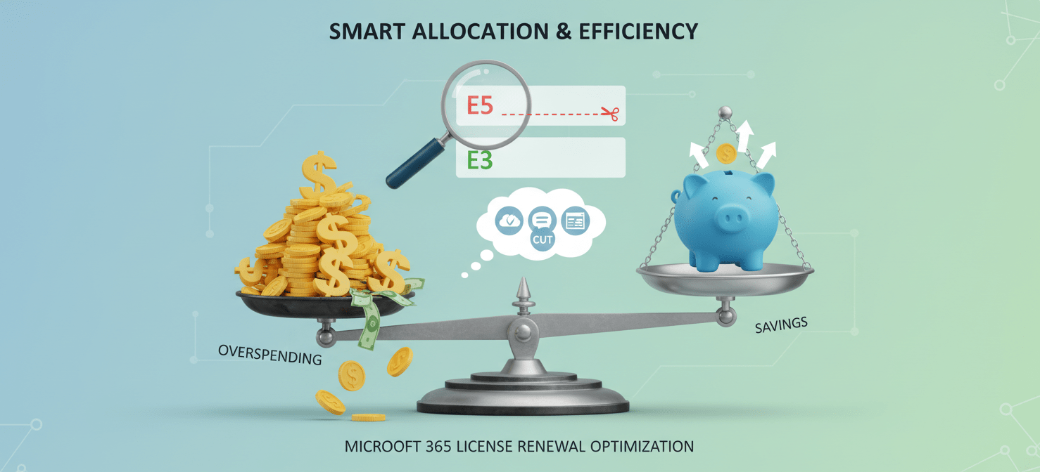 An illustration demonstrating strategies for optimizing Microsoft 365 costs at renewal, including right-sizing licenses by downgrading users from premium to more appropriate tiers and eliminating redundant third-party applications to maximize value.