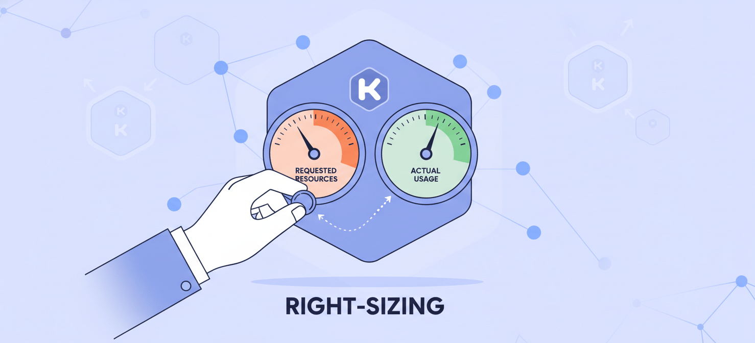 An illustration demonstrating the concept of right-sizing Kubernetes resources. It shows a container's requested CPU and memory being adjusted downwards to match its actual usage, highlighting how tuning requests and limits reduces idle resource waste and optimizes costs.