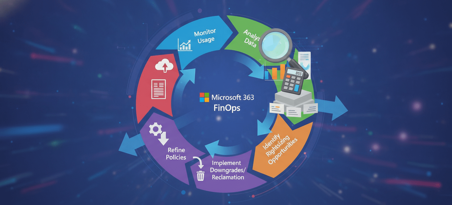 An illustration demonstrating the continuous optimization cycle inherent in FinOps for Microsoft 365. The cyclical process includes stages such as monitoring M365 license usage, analyzing consumption data, identifying opportunities for rightsizing licenses (e.g., downgrading E5 to E3), implementing changes, and refining governance policies. This iterative approach ensures ongoing cost efficiency and maximum value from Microsoft 365 investments, adapting to evolving organizational needs.