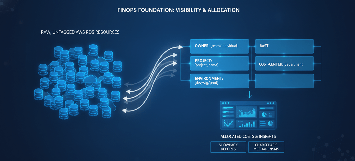 An illustration demonstrating the foundational FinOps principle of cost visibility and allocation for AWS RDS. It shows how critical tagging (owner, project, environment, cost-center) transforms raw resource data into structured, attributable costs, enabling accurate showback and chargeback reports for various teams and projects.