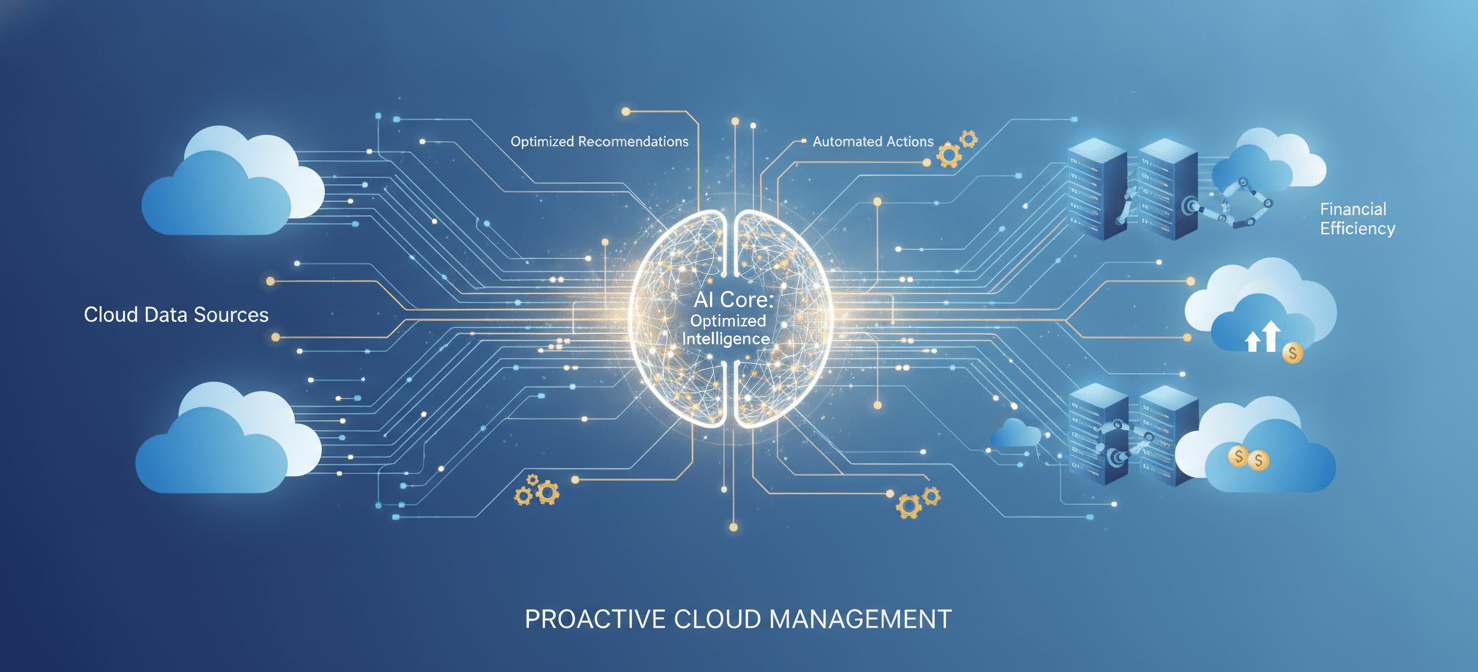 An illustration demonstrating the pivotal role of automation and artificial intelligence in modern cloud cost management. It depicts AI algorithms analyzing vast cloud data to provide predictive analytics for commitment planning and enabling autonomous optimization and anomaly detection, transforming reactive cost management into a proactive, data-driven strategy for cloud cost optimization solutions.