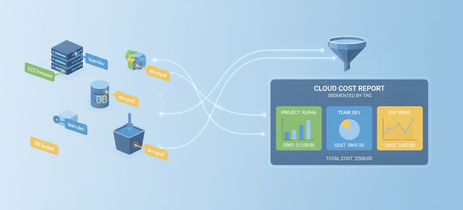 An illustration demonstrating the power of cost allocation tags in AWS. Various cloud resources are shown with distinct tags, which then organize and segment costs into clear, attributable reports, essential for effective financial management and understanding spending patterns.