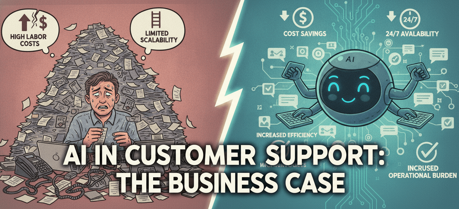 An illustration demonstrating the significant cost reduction and efficiency gains achieved by integrating AI into customer support. It shows AI handling a high volume of inquiries compared to a human agent, highlighting the lower AI customer support cost per interaction and improved scalability.