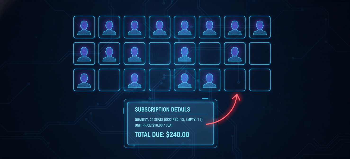 An illustration demonstrating the subscription model where payment is made for all purchased 'seats' or licenses, regardless of whether they are actively assigned to a user, leading to costs for unassigned licenses.