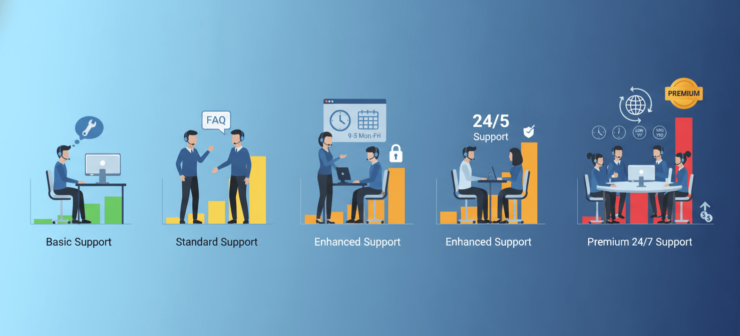 An illustration demonstrating various levels of customer support, from standard to 24/7 production support. The visual shows different service tiers, symbolizing how access to technical assistance and Service Level Agreements (SLAs) are bundled into software subscriptions, influencing the overall cost.