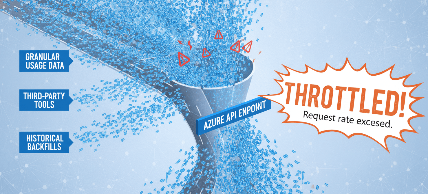An illustration demonstrating why cost data APIs are prone to throttling, depicting multiple sources like granular usage data, third-party tools, and historical backfills simultaneously overwhelming a single Azure API endpoint with numerous requests.
