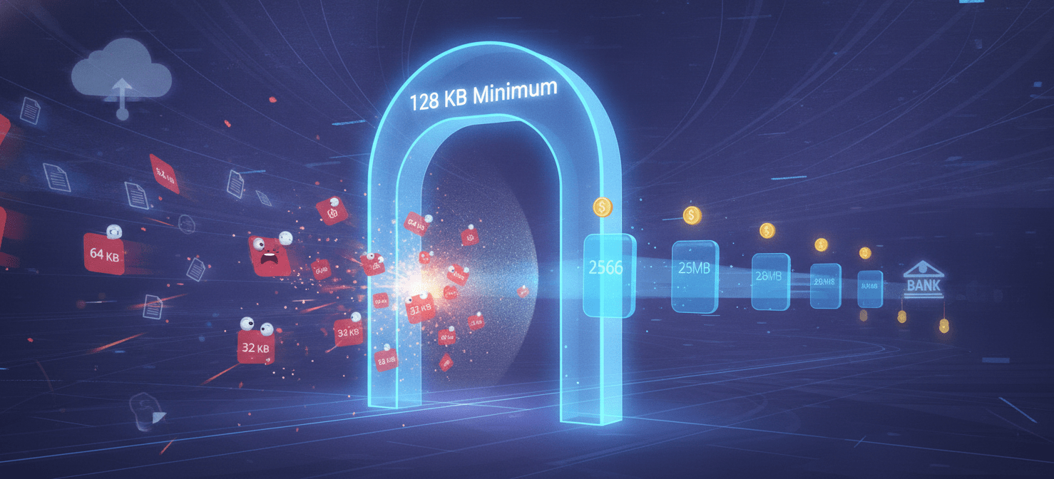 An illustration demonstrating why S3 lifecycle policies can cost more, showing small objects blocked by a 128 KB minimum size requirement and tiny fee icons associated with each object transition, leading to unexpected expenses.