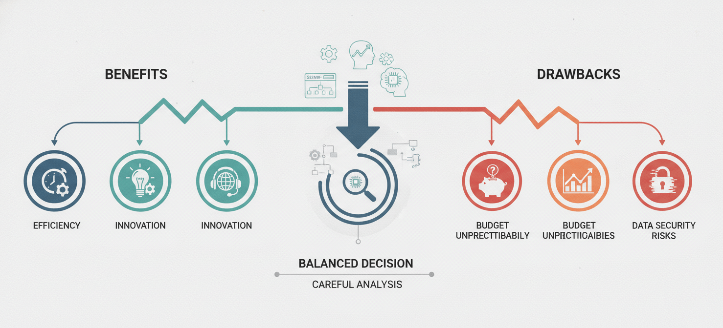 An illustration depicting a balanced decision-making process for evaluating Intercom Fin AI's value. One side highlights benefits like 24/7 support and efficiency, while the other shows potential drawbacks such as unpredictable variable costs and scalability concerns, prompting users to weigh their specific needs against the investment.