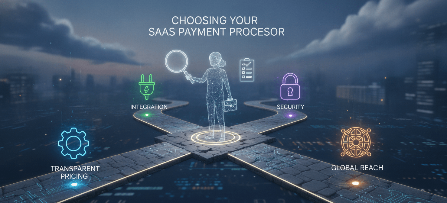An illustration depicting a business owner evaluating different SaaS payment processing options, with each path highlighting key criteria such as transparent pricing, seamless integration, robust security, and global currency support, emphasizing the strategic decision-making process.