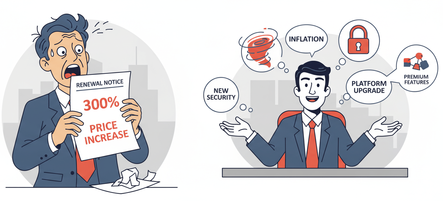An illustration depicting a business professional's initial shock and frustration upon receiving a renewal notice with a significant price increase, while a vendor attempts to justify the unexpected hike with various reasons.