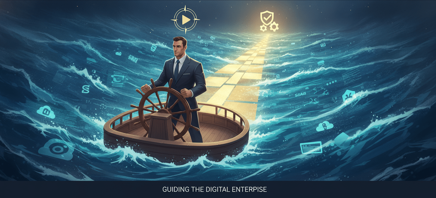 An illustration depicting a CFO figure leading the successful implementation of a SaaS management platform, steering a ship through a digital landscape of applications. This visual emphasizes the CFO's critical role in championing the business case, driving cross-functional adoption, and establishing ongoing governance for strategic financial oversight.
