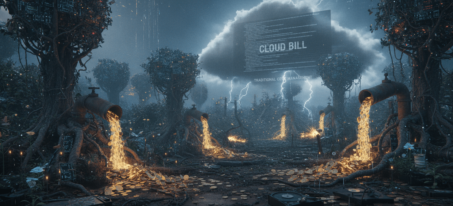 An illustration depicting a chaotic cloud environment with resources consuming excessive funds, symbolized by overflowing pipes and scattered money. This visual represents the common problem of unmanaged cloud spend, where lack of visibility leads to significant waste and budget overruns, highlighting the urgent need for a more controlled approach.