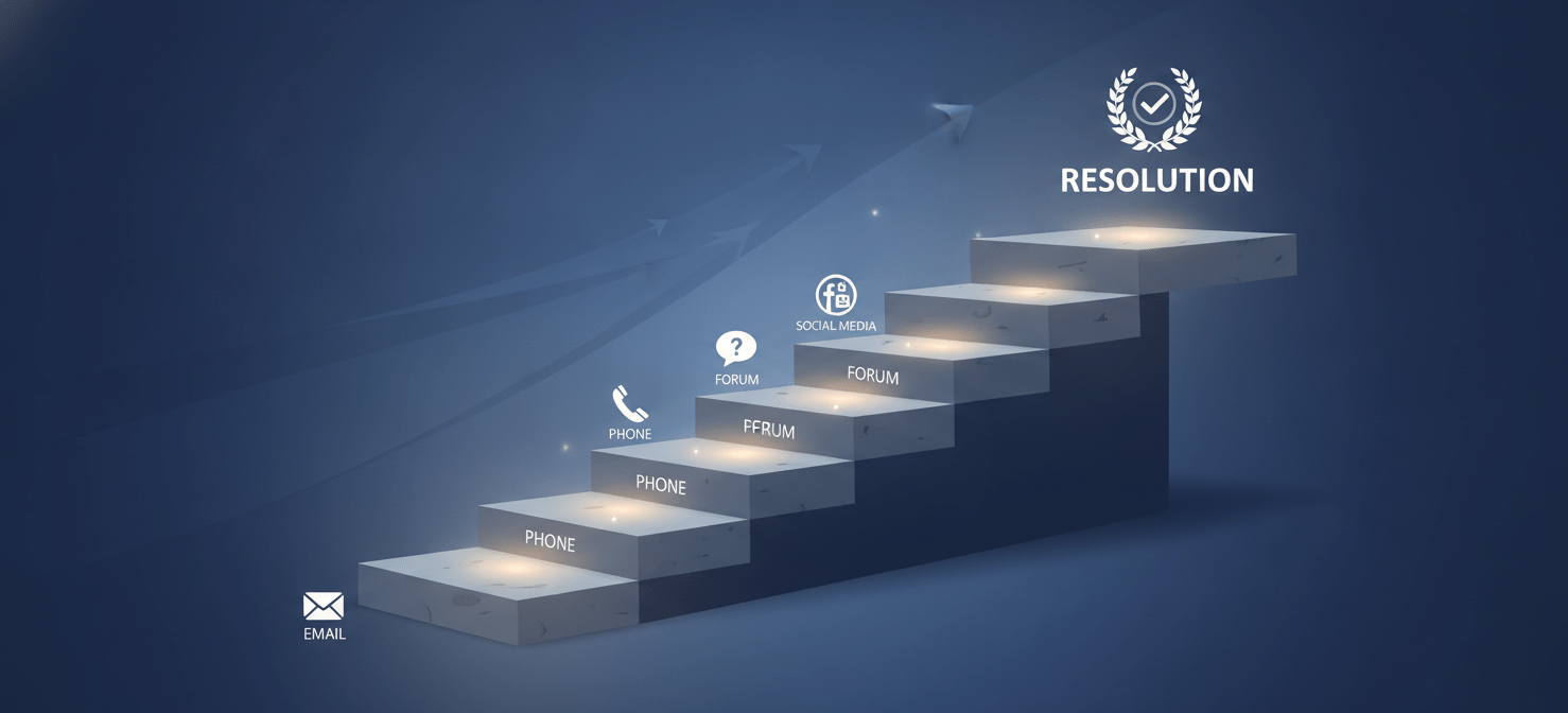 An illustration depicting a clear escalation path for customer support issues, showing steps like re-engaging support, using public forums, and considering final resorts, symbolizing a methodical approach to problem-solving.