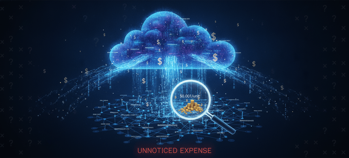 An illustration depicting a cloud environment where numerous small, unnoticed data streams and custom metrics are accumulating, represented by dollar signs, leading to unexpectedly high monitoring costs. The image highlights how metrics sprawl can silently inflate bills.