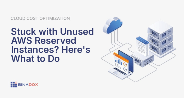 An illustration depicting a cloud infrastructure where some AWS EC2 instances are actively running, while others are dark and neglected, symbolizing unused AWS reserved instances. A hand with a magnifying glass highlights these idle resources, emphasizing the need to address wasted cloud spend and optimize commitments.