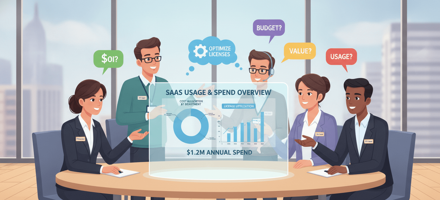 An illustration depicting a collaborative team environment where finance, IT, and department heads review SaaS usage and spend data together. The image emphasizes transparency, shared responsibility, and a collective commitment to fostering a cost-conscious culture around software consumption within the organization.