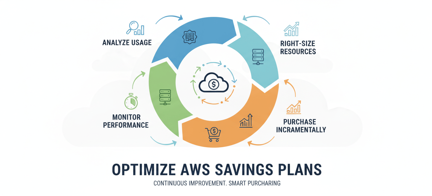 An illustration depicting a cyclical process for optimizing AWS Savings Plan commitments, including steps like analyzing usage, right-sizing resources, purchasing incrementally, and continuous monitoring to maximize savings.