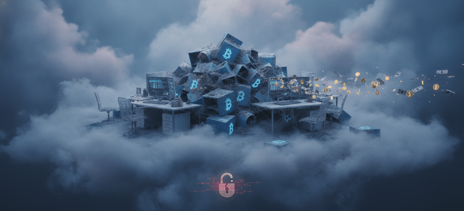 An illustration depicting a digital cloud environment with several dormant, dusty mailboxes and empty user profiles, symbolizing the accumulation of unused accounts. Money drifts away from these inactive resources, highlighting the financial waste and potential security vulnerabilities associated with unmanaged, licensed but unused digital assets.