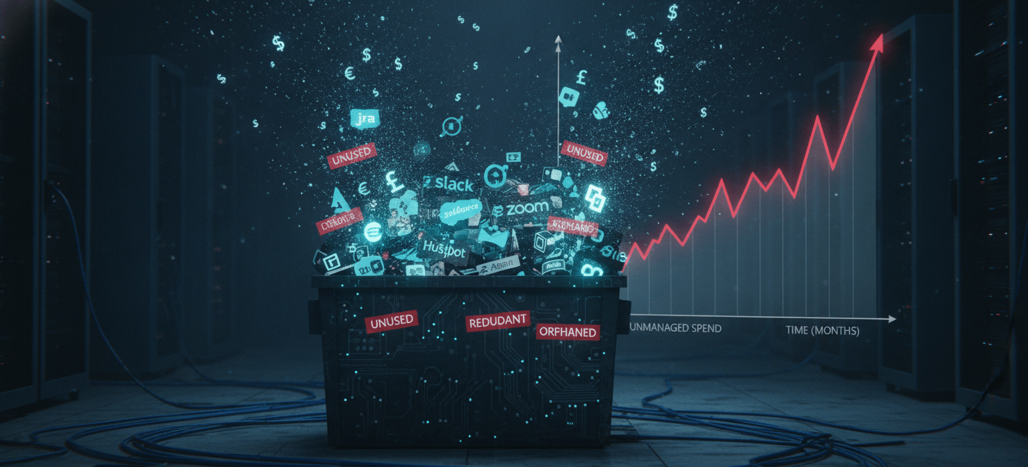 An illustration depicting a digital dumpster overflowing with various software application logos, symbolizing SaaS sprawl and the financial drain of unused or redundant licenses within an organization.