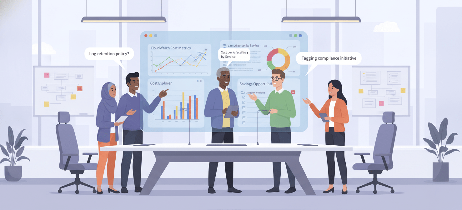 An illustration depicting a diverse team, including engineers and FinOps leads, collaborating around a shared digital dashboard. The dashboard displays CloudWatch cost metrics, showing attributed spend by team or feature, alongside optimization recommendations. The scene emphasizes open communication, shared accountability, and the cultural shift required to embed cost-awareness into engineering practices for effective CloudWatch monitoring management.