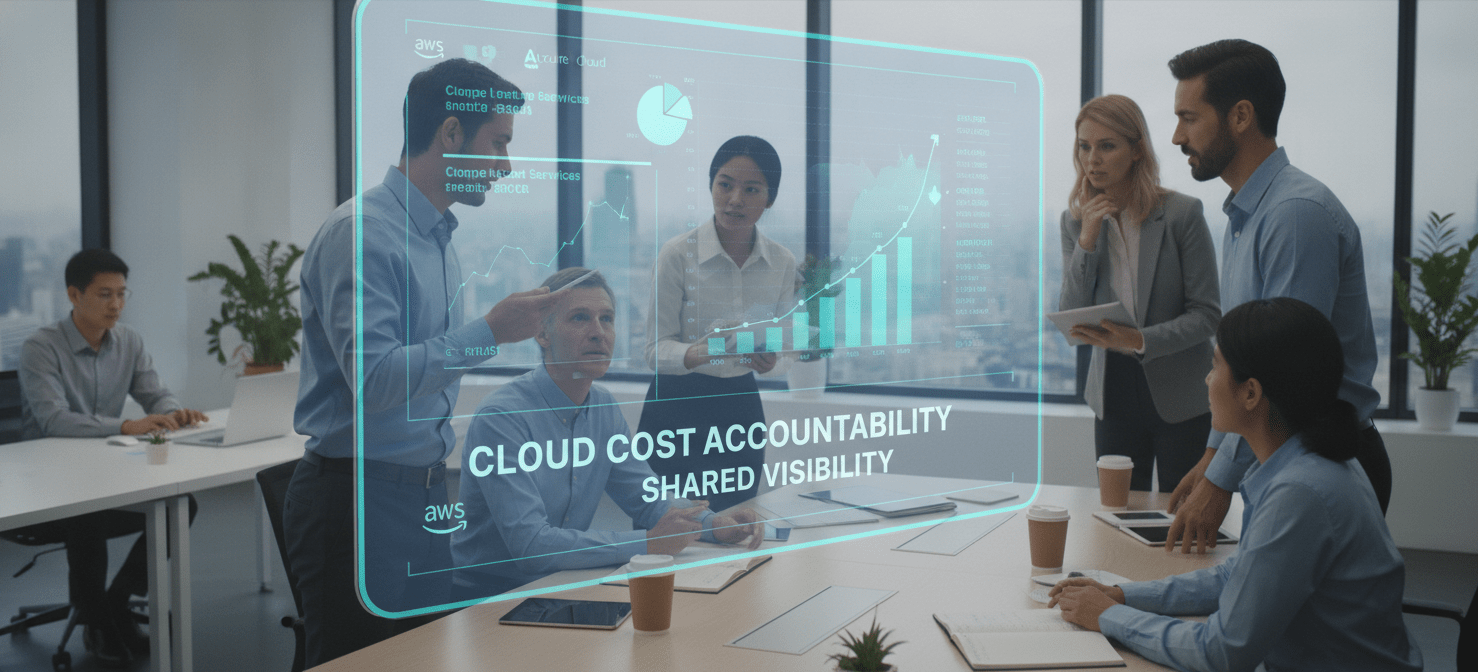 An illustration depicting a diverse team of cloud professionals collaboratively reviewing a digital dashboard showing AWS cost data. They are engaged in discussion, pointing to trends and figures, symbolizing a cost-conscious culture where financial accountability and shared visibility are integrated into daily workflows. The image emphasizes teamwork in managing cloud expenses effectively.