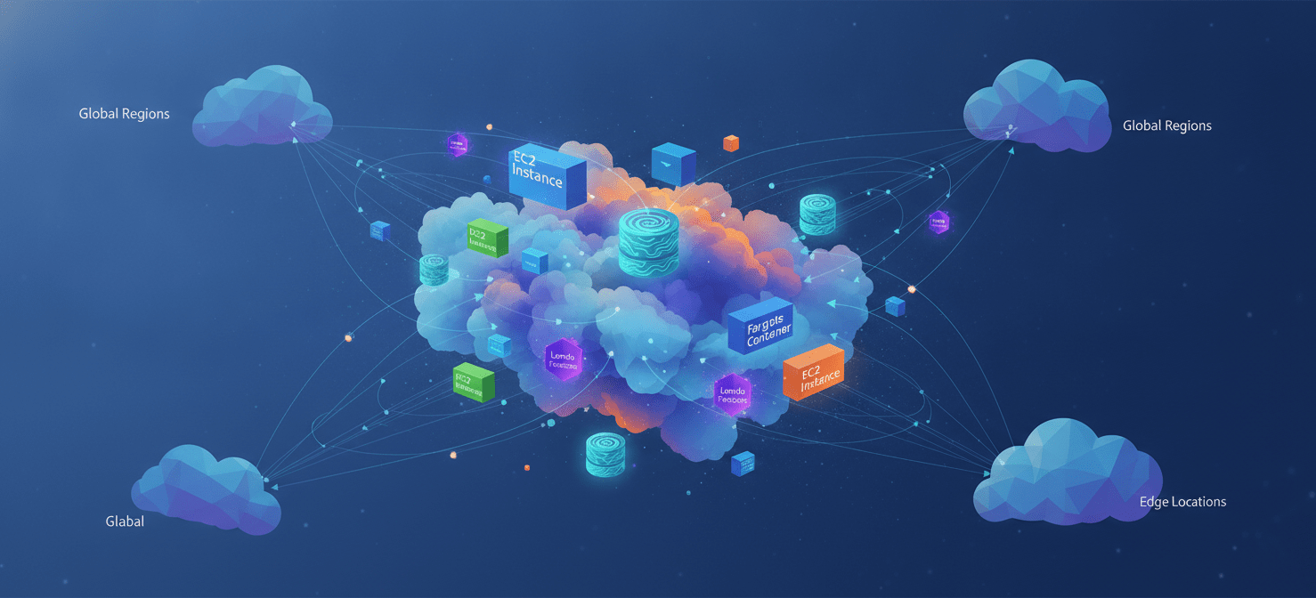 An illustration depicting a dynamic cloud environment with various EC2 instances, Lambda functions, and Fargate containers seamlessly scaling and adapting. This visual highlights the flexibility and broad coverage of Savings Plans for evolving cloud workloads.