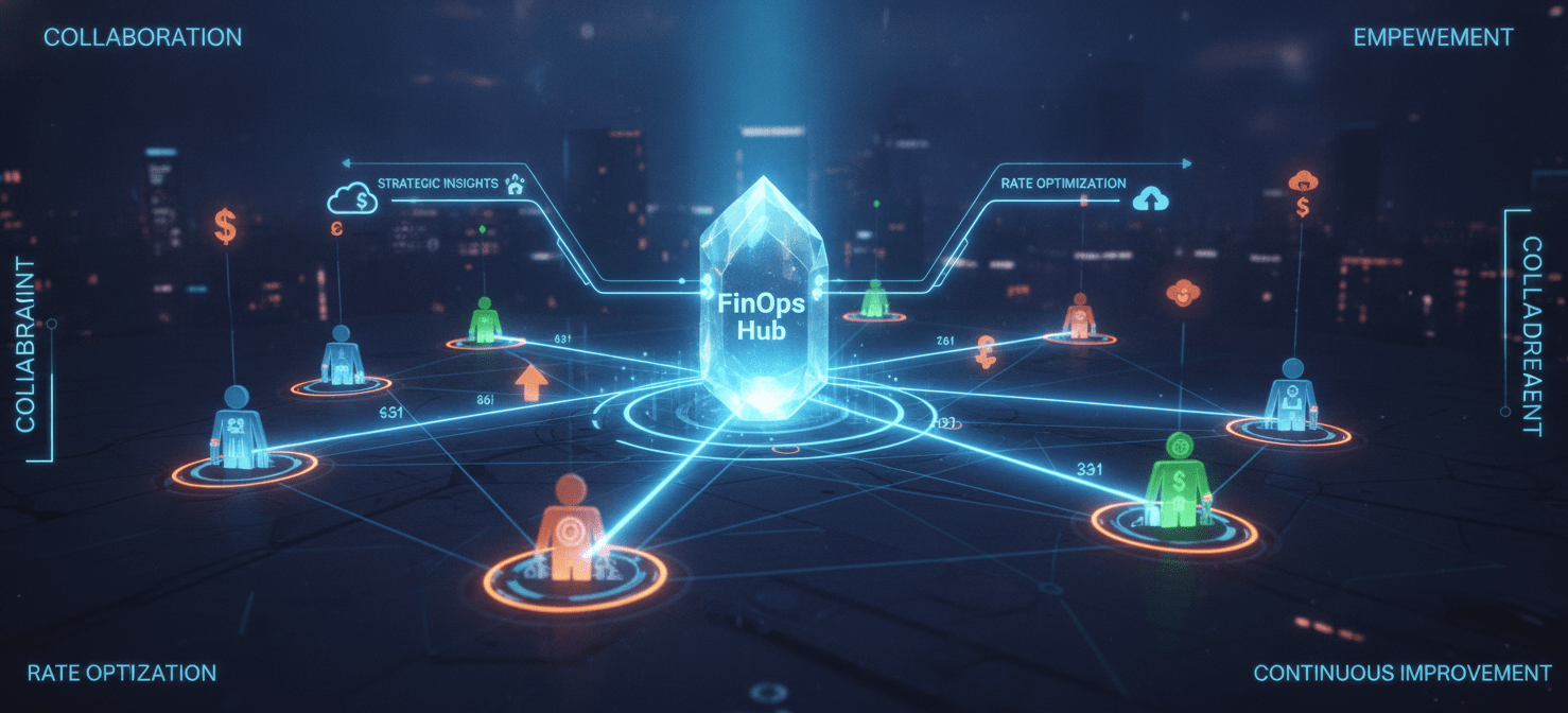 An illustration depicting a dynamic ecosystem of engineering teams, interconnected and sharing insights, all contributing to a sustainable culture of cloud cost ownership. The image conveys continuous learning, shared best practices, and the collaborative effort required to maintain cost efficiency, supported by central strategic guidance, ensuring long-term financial health and innovation.
