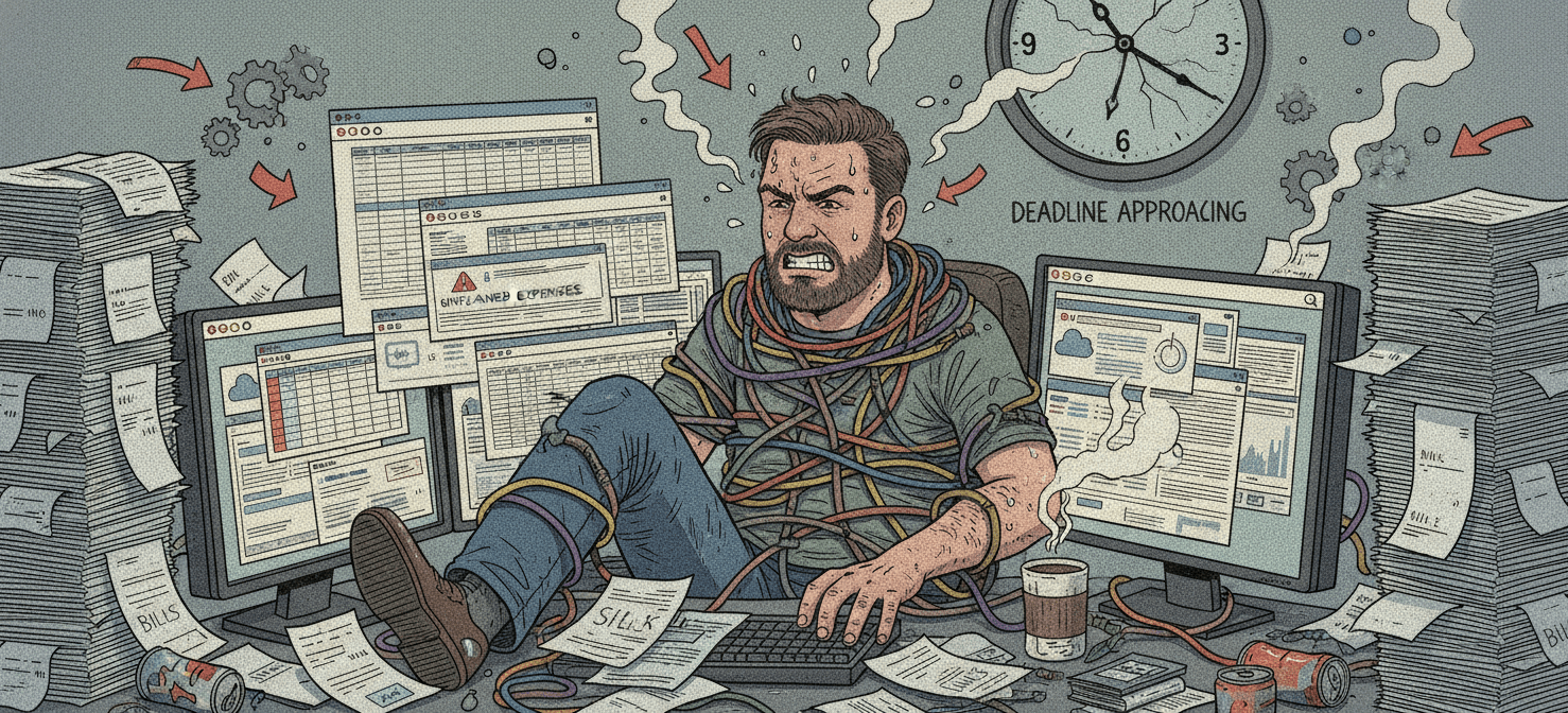 An illustration depicting a frustrated DevOps engineer struggling with manual cloud cost management, surrounded by paperwork, outdated data, and slow approval processes, highlighting the inefficiencies and bottlenecks of traditional Savings Plan management.