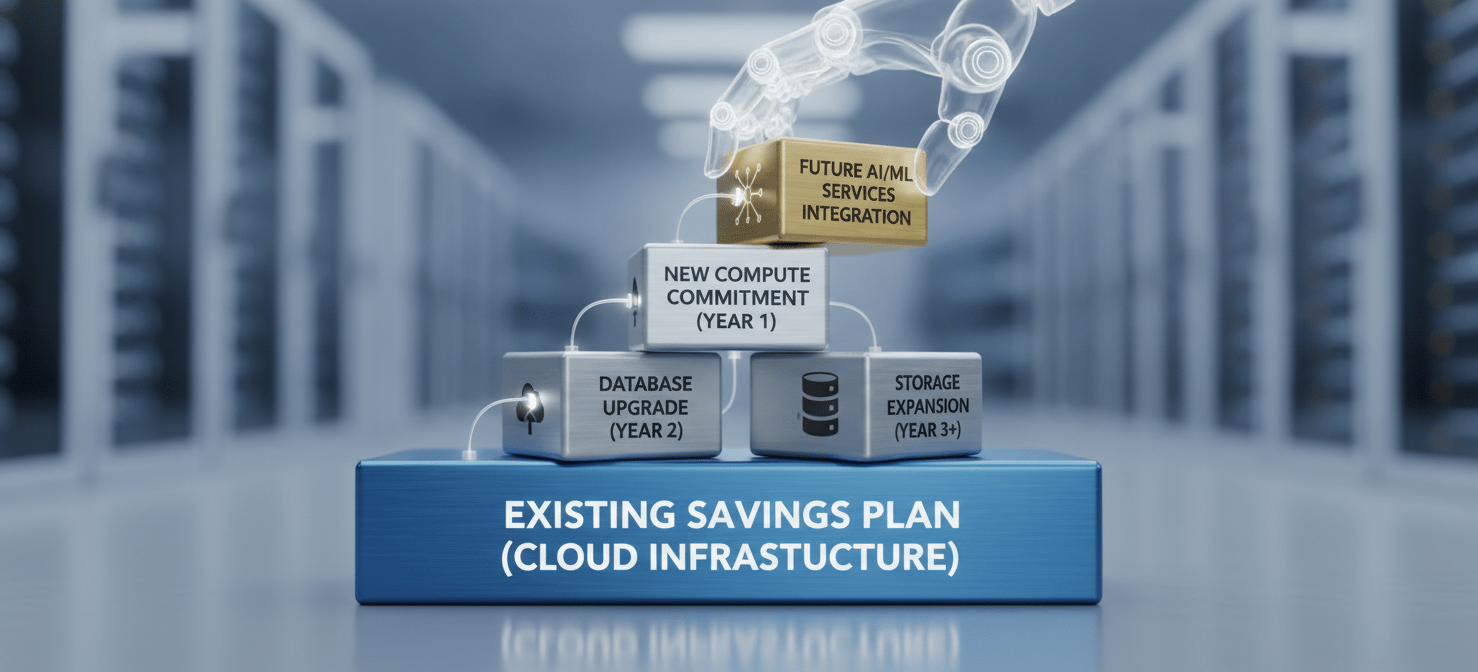 An illustration depicting a layered approach to AWS Savings Plans, where new, smaller commitments are added on top of existing ones to strategically 'upgrade' coverage as cloud usage increases.