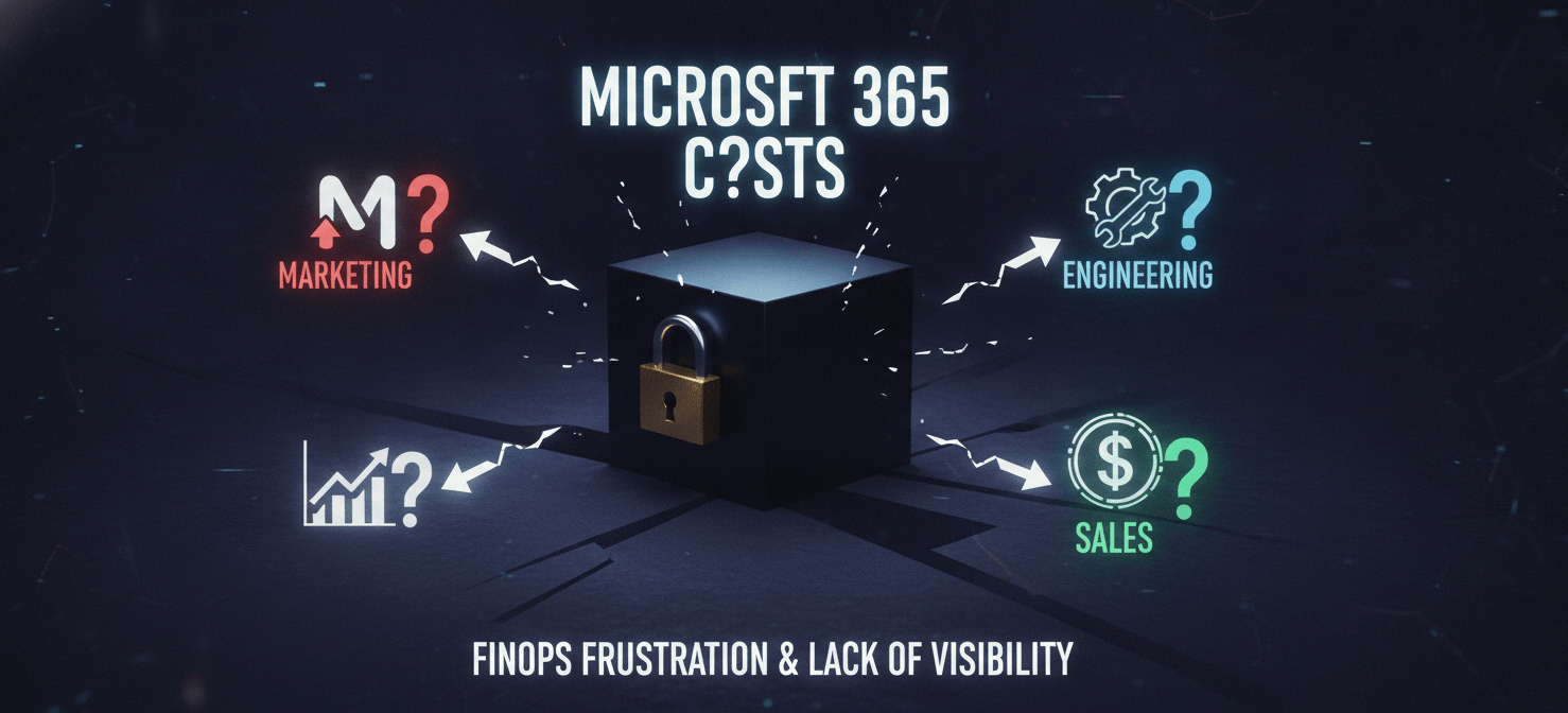 An illustration depicting a locked black box labeled 'M365 Costs,' surrounded by departmental icons with question marks, symbolizing the challenge FinOps teams face in accurately attributing Microsoft 365 expenses to specific business units due to a lack of granular data.