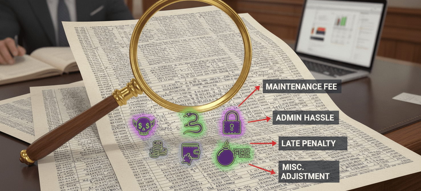 An illustration depicting a magnifying glass meticulously scanning a complex merchant statement, revealing various 'hidden fees' that are subtly embedded within the text. These fees, such as PCI compliance fees, statement fees, and batch fees, are highlighted and brought to the forefront, symbolizing a CFO's diligent audit process to identify and eliminate unnecessary charges and optimize budget allocation.