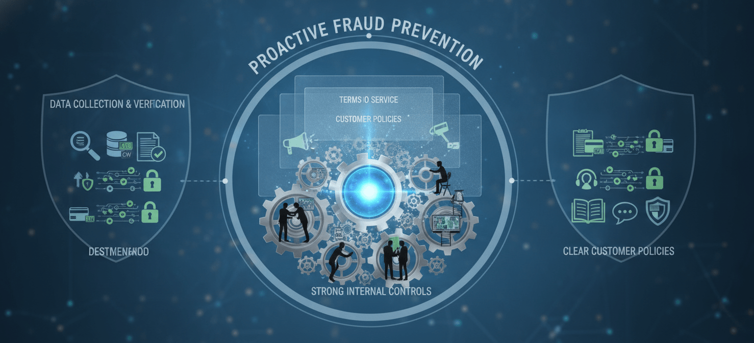 An illustration depicting a multi-layered approach to payment fraud prevention, showcasing strong internal controls, transparent customer policies, and diligent customer data collection and verification processes.