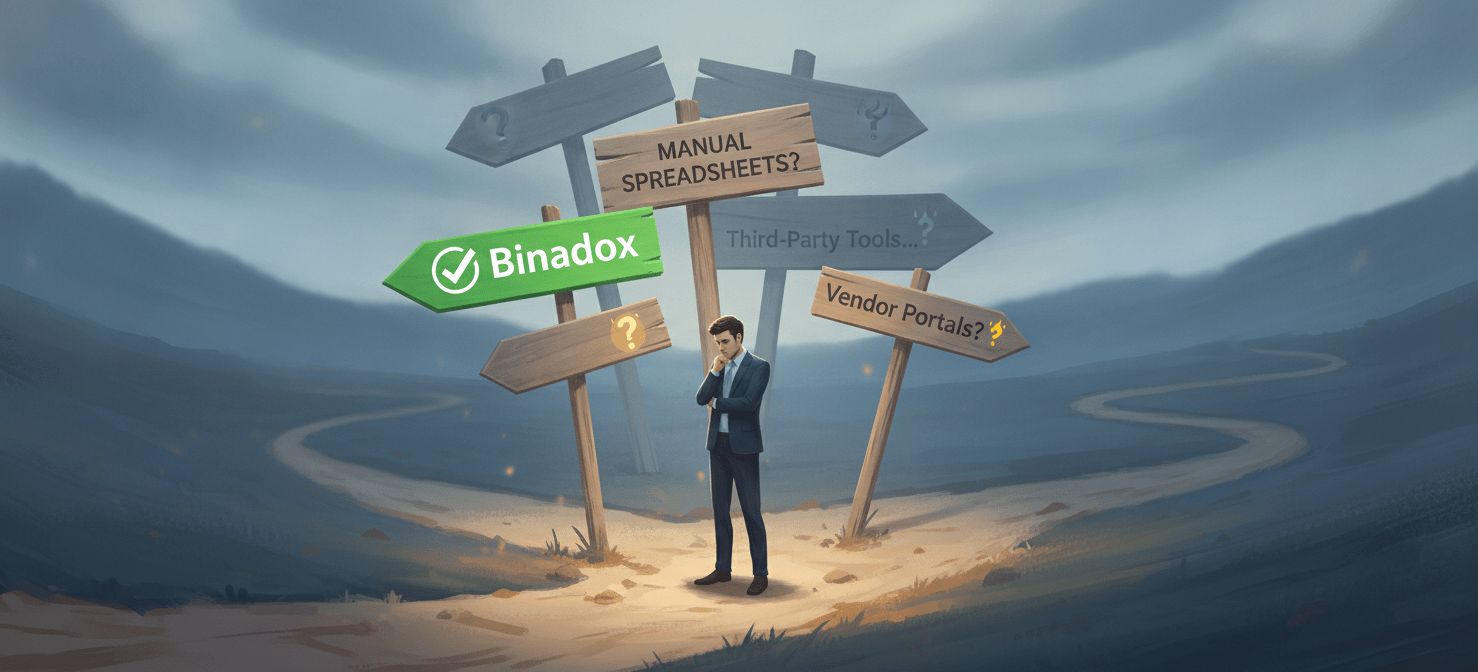 An illustration depicting a person at a crossroads, evaluating different paths labeled 'Office 365 License Audit Tools'. The image symbolizes the decision-making process for selecting the most suitable solution for an organization, emphasizing the need to assess specific requirements and compare features before making a choice.