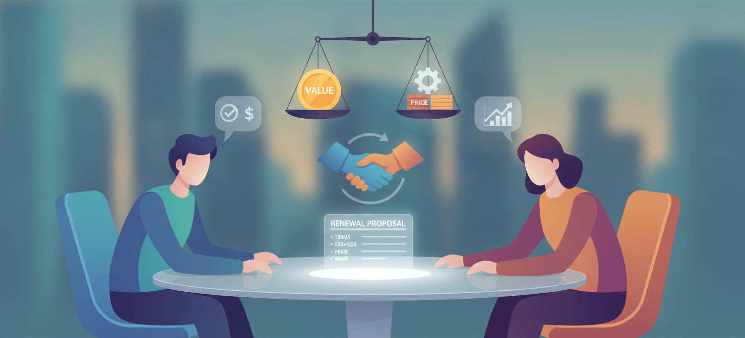 An illustration depicting a professional negotiation for a SaaS contract renewal, with two parties at a table reviewing a transparent proposal, symbolizing a collaborative discussion focused on value, pricing, and mutually beneficial terms.