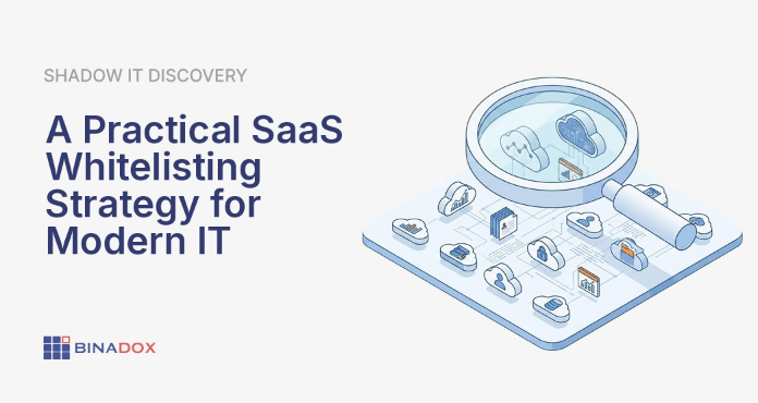 An illustration depicting a robust saas whitelisting strategy, where a digital gate only allows approved SaaS applications to pass through, effectively blocking unauthorized or 'shadow IT' services from entering the corporate network. This visual metaphor highlights the proactive security benefits of whitelisting.