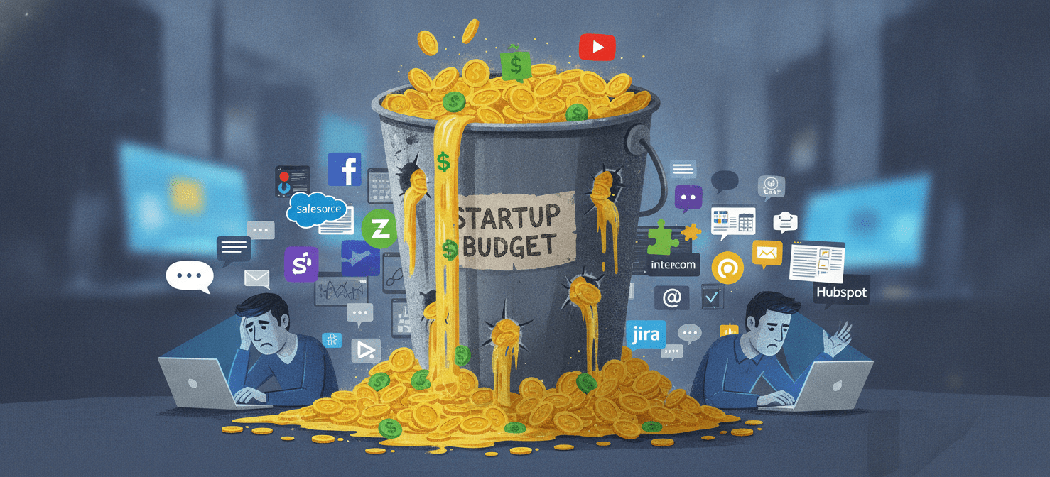 An illustration depicting a 'Startup Budget' bucket with money leaking out through numerous holes, each represented by a different SaaS application logo. This visual metaphor highlights how unmanaged SaaS sprawl directly reduces a startup's financial runway and creates operational inefficiencies for the team.