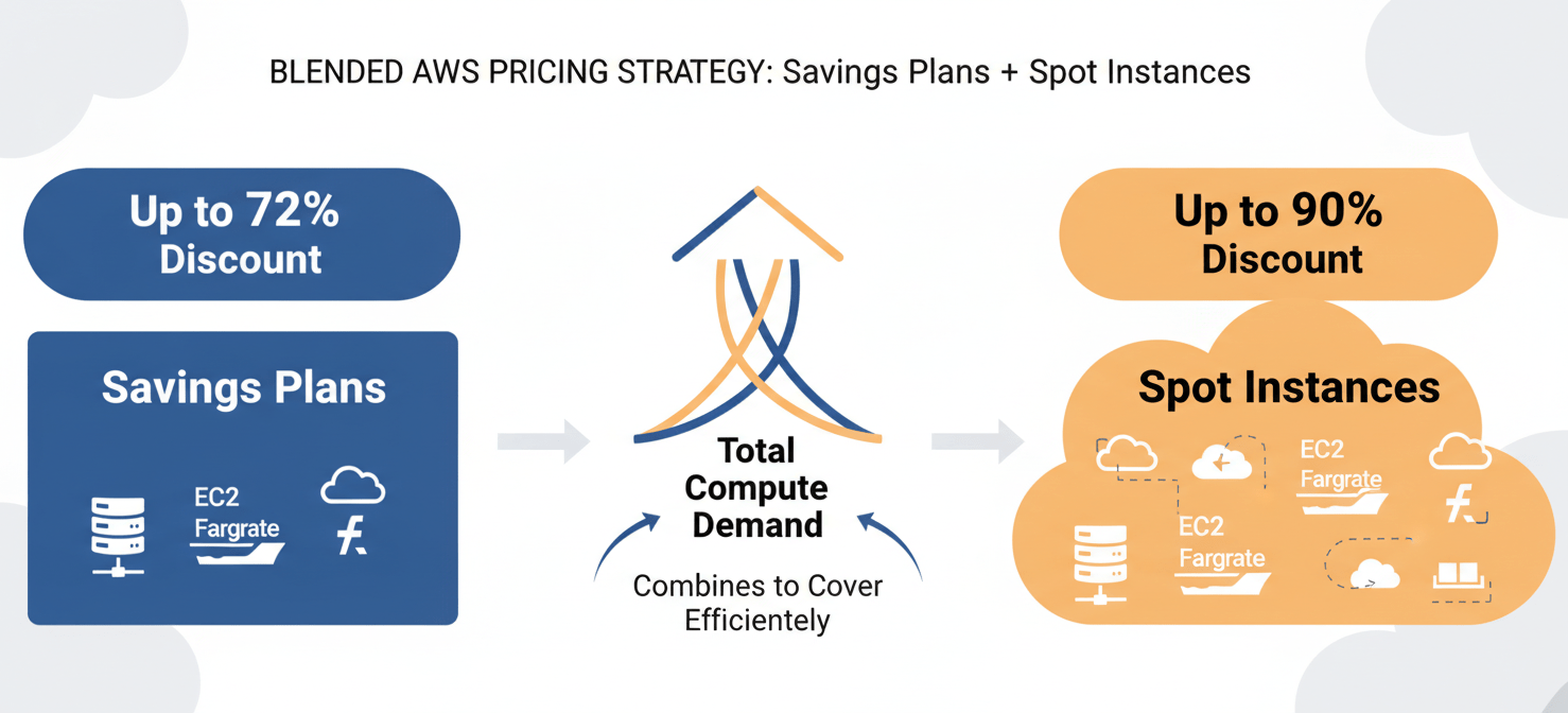 An illustration depicting a strategic blend of AWS pricing models for effective startup cloud cost management. It shows Savings Plans providing a stable, discounted base for predictable workloads, complemented by highly cost-effective Spot Instances for flexible, interruptible tasks, optimizing overall compute spend.
