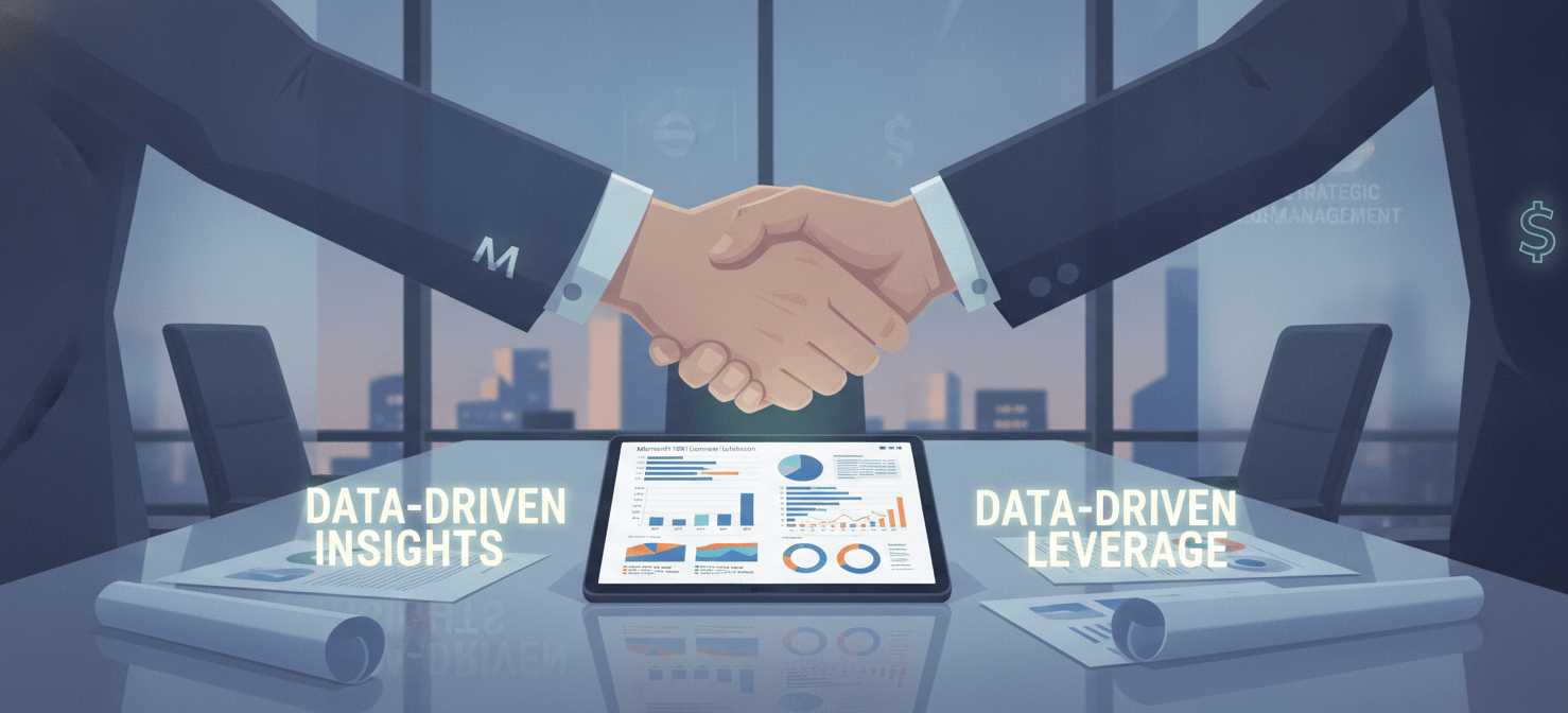 An illustration depicting a strategic contract negotiation between a CFO or procurement leader and a vendor representative. The CFO's side of the table is armed with data visualizations of Microsoft 365 usage and cost, symbolizing a data-driven approach to securing favorable terms during Enterprise Agreement renewal.
