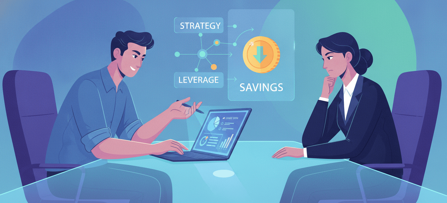 An illustration depicting a strategic negotiation between a startup founder and a SaaS vendor. The founder uses data from a laptop to leverage better terms, emphasizing the importance of informed negotiation for contract optimization, including discounts, renewal caps, and favorable billing cycles.
