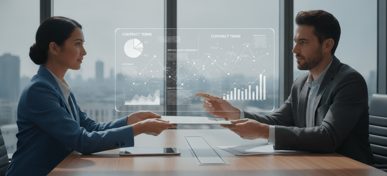 An illustration depicting a strategic negotiation meeting between a customer and a SaaS vendor, emphasizing the use of data, contract terms, and alternative options to secure favorable renewal terms.