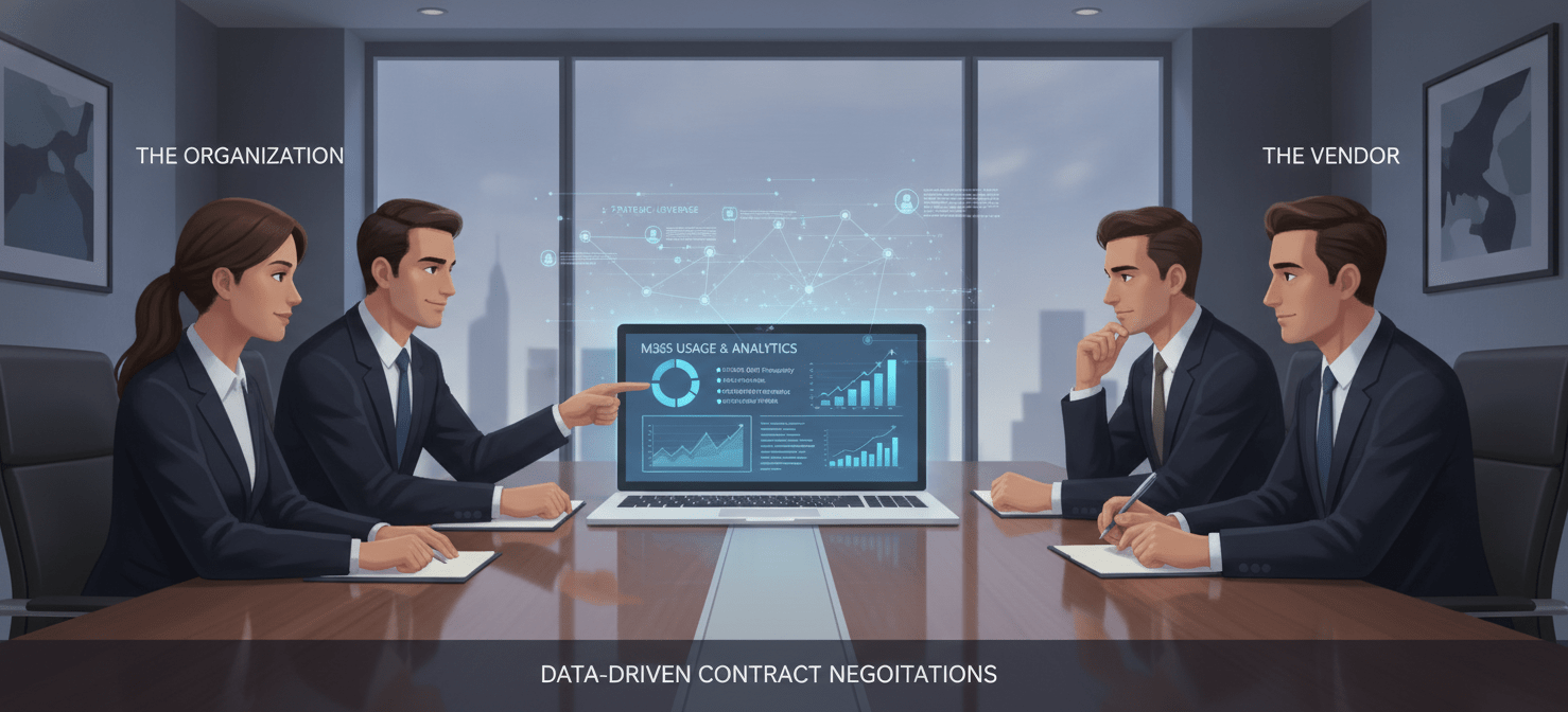 An illustration depicting a strategic negotiation meeting where an organization leverages detailed Microsoft 365 usage data and analytics to secure favorable terms during contract renewal with a vendor.