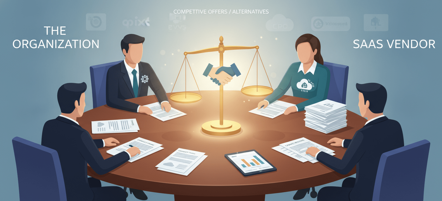 An illustration depicting a strategic negotiation session between an organization and a SaaS vendor, with documents on pricing, terms, and usage data on the table, symbolizing the importance of data-driven discussions and exploring alternatives for better contract outcomes.
