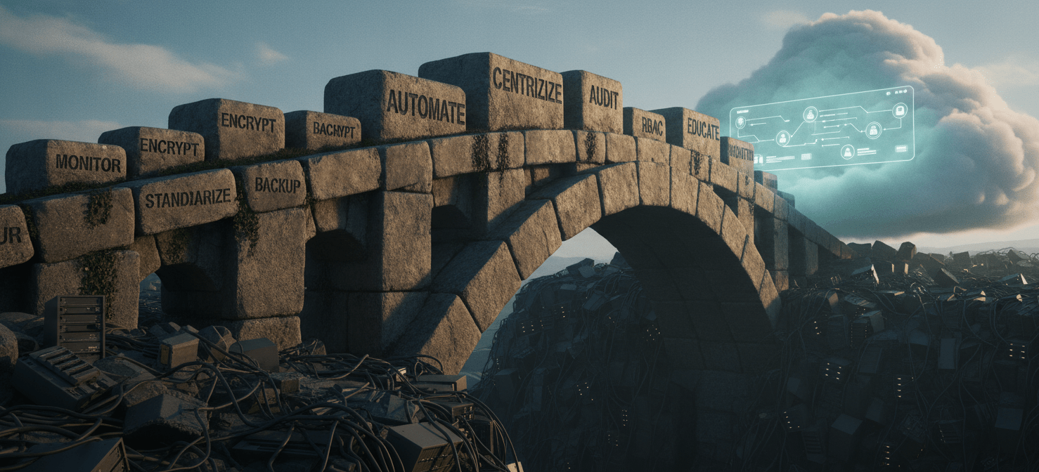 An illustration depicting a strong foundation or bridge built from blocks representing best practices for SaaS management, including automation, centralization, role-based access control (RBAC), regular auditing, and employee education, leading to an efficient and secure SaaS environment.