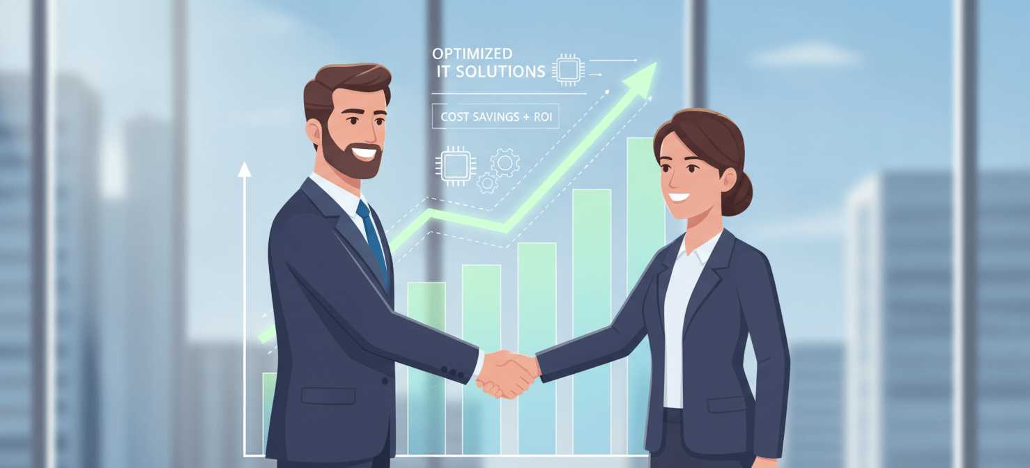 An illustration depicting a successful outcome of IT support contract negotiation, with a business professional shaking hands with a vendor, symbolizing a favorable agreement and a smarter, more cost-effective IT strategy.
