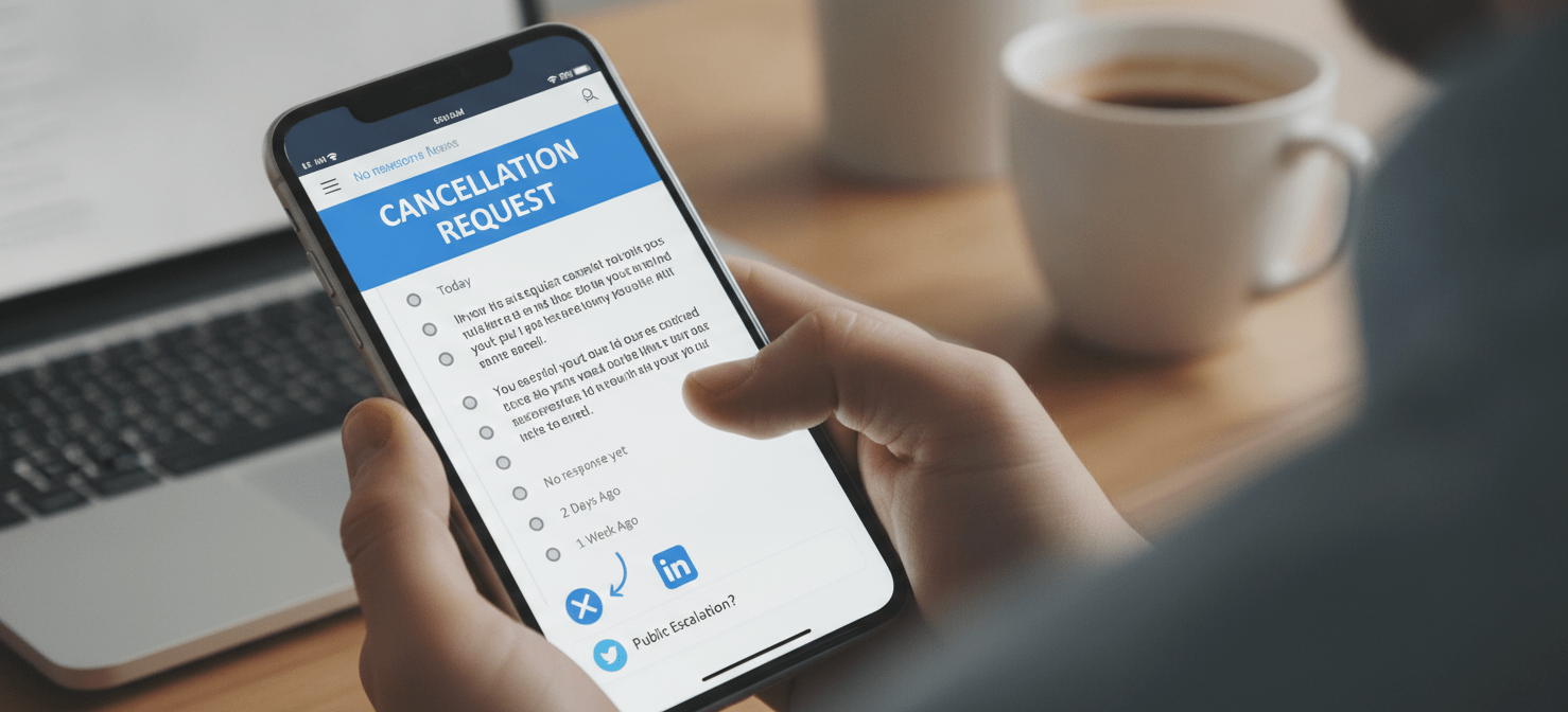 An illustration depicting a user sending a formal email cancellation request, followed by icons representing unanswered support tickets and a social media platform, symbolizing the escalation tactics needed when SaaS customer support is unresponsive.