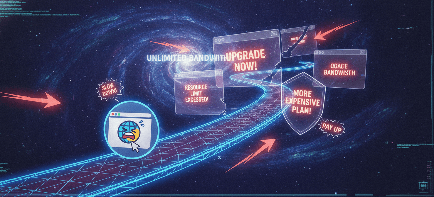 An illustration depicting a website icon navigating a digital gauntlet, constantly bombarded by pop-ups and notifications urging upgrades due to 'resource limits' or 'unlimited' plans that aren't truly unlimited, symbolizing aggressive upselling tactics.