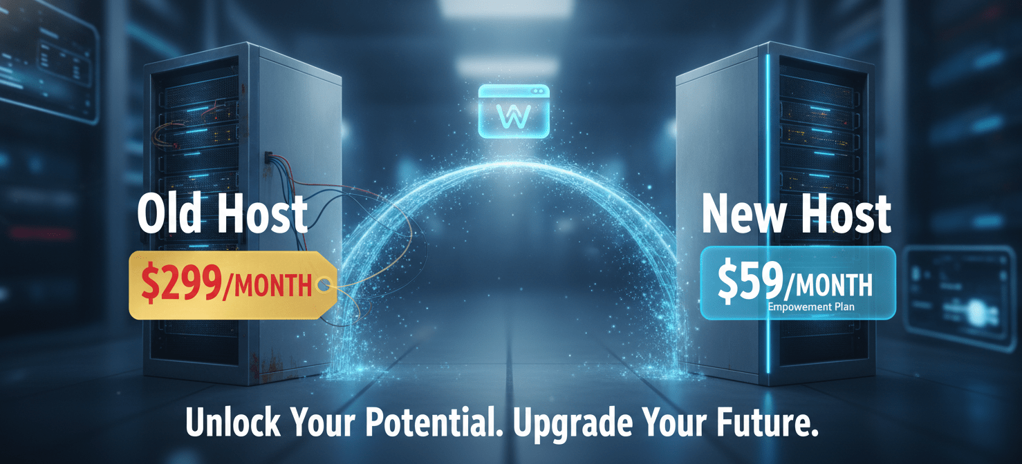 An illustration depicting a website smoothly migrating from an 'Old Host' with a high price tag to a 'New Host' with a lower, transparent price. This visual represents the options available to users who are overpaying, including negotiation and migrating to a more cost-effective provider.
